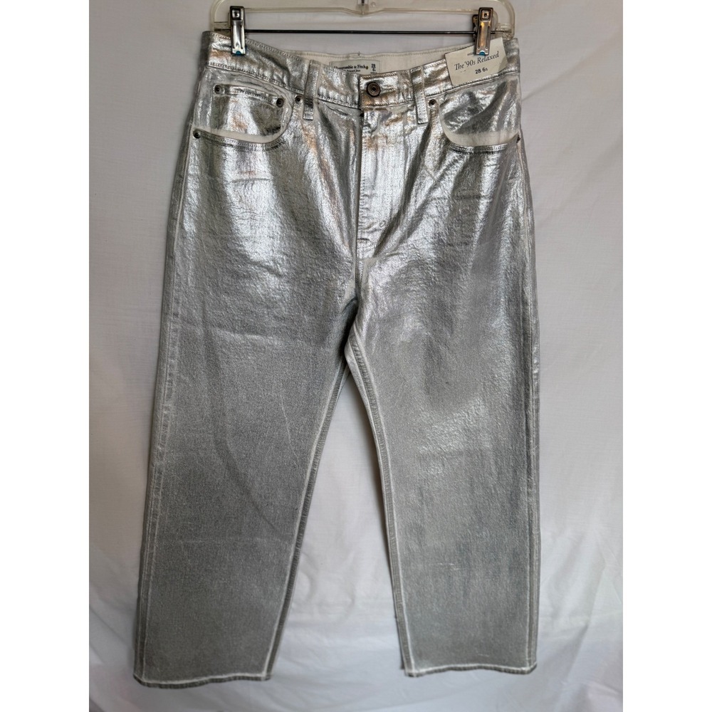 NWT Abercrombie & Fitch The 90s Relaxed High Rise Metallic Silver Jeans 28 6s - Picture 2 of 9